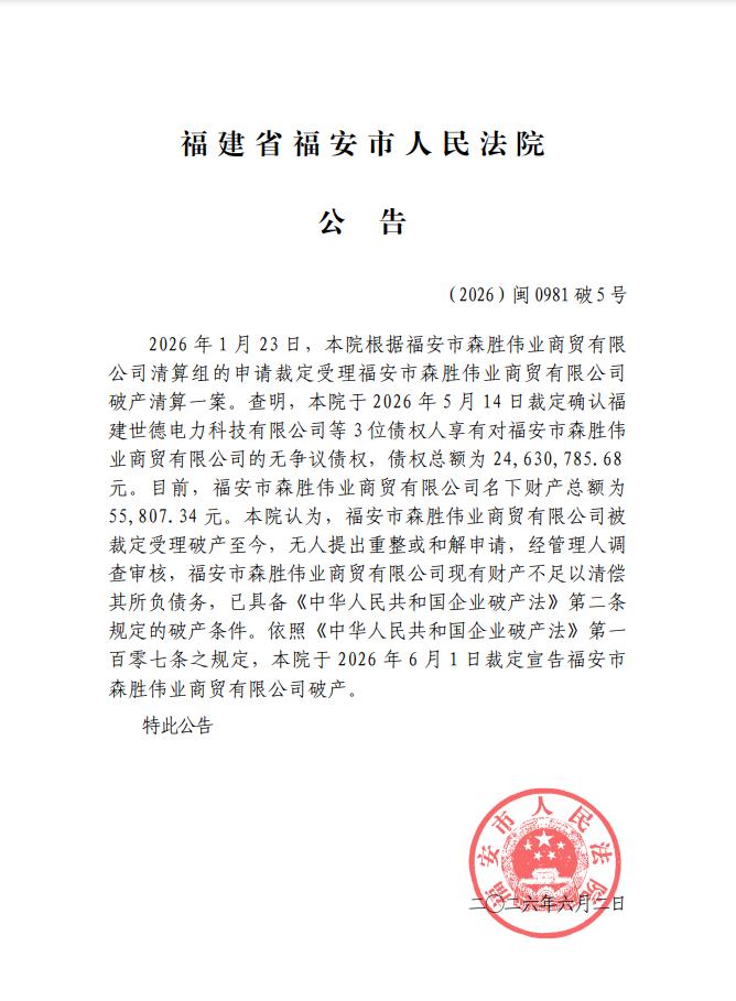（2026）闽0981破5号 福建省福安市人民法院公告，本院于2026年6月1日裁定宣告福安市森胜伟业商贸有限公司破产